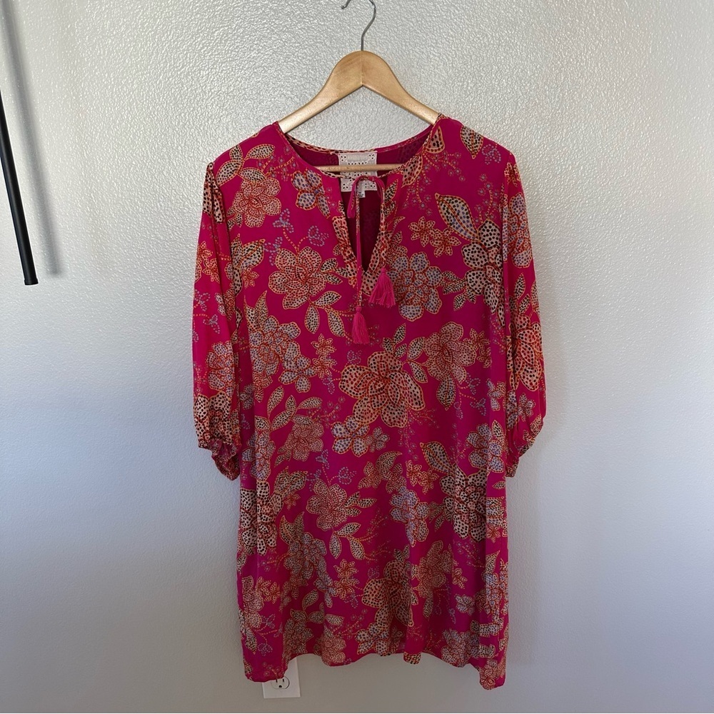 Johnny Was Silk Balloon Long Sleeve Tassel Tie Front Midi Floral Pink Dress, M